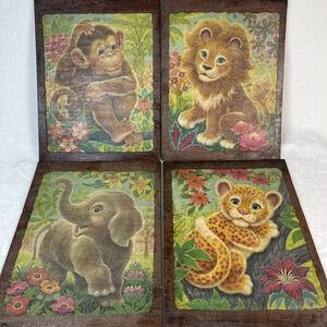VTG K. Chin Jungle Animal Prints‎ on Wood Set of 4 Lion Elephant Monkey Cub 9x12